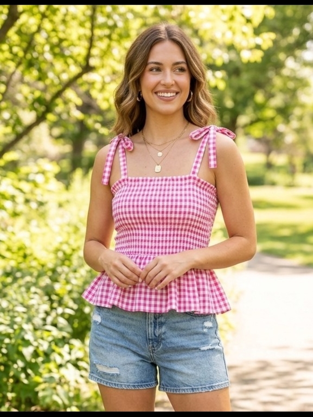 Angie Gingham Smocked Peplum Tank Top Pink White Tie Shoulder Sweet Medium M